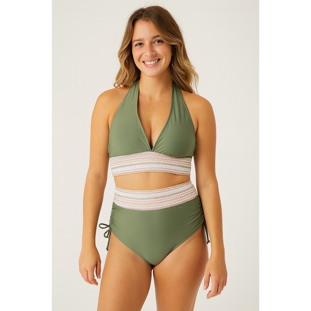 Womens‎ Bikini Set Size L Green High Waist Tummy Control Knit Boho Coastal Beach